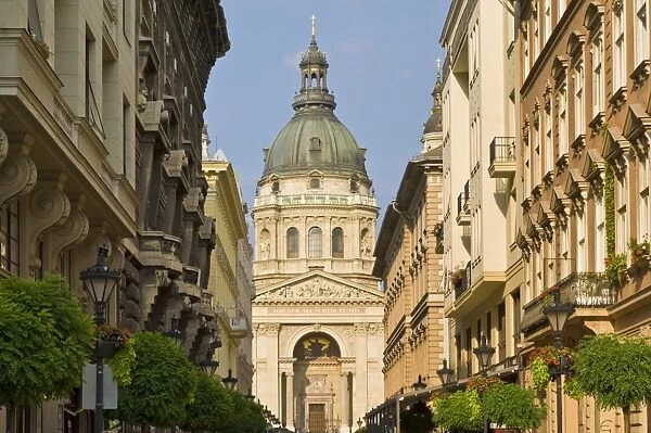 The neo-renaissance dome of St. Stephens Basilica, shops and buildings of the Zrinyi Utca