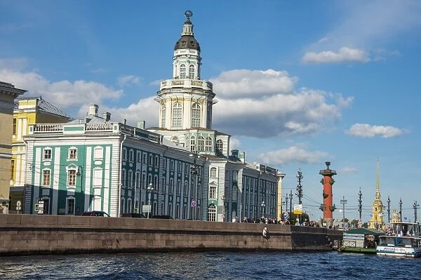 Neoclassical buildings at the Spit of Vasilievsky Island seen from the Neva, St. Petersburg, Russia, Europe