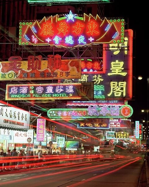 Neon lights at night on Nathan Road, Tsim Sha Tsui, Kowloon, Hong Kong, China, Asia