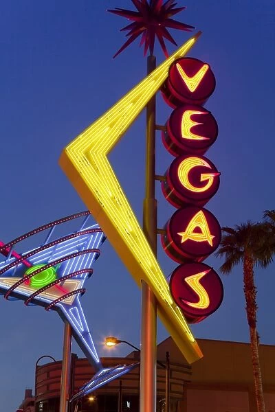 Neon Vegas sign at dusk, Downtown, Freemont East Area, Las Vegas, Nevada, United States of America, North America