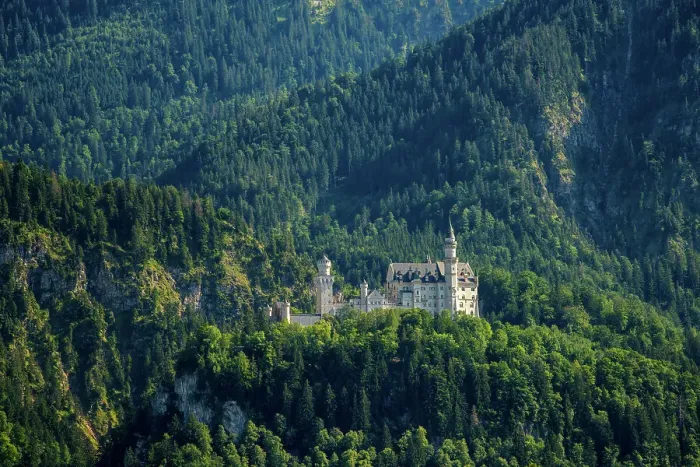 Framed Print : Neuschwanstein historic fairytale castle on the mountain with trees all around, Schwangau, Bavaria, Germany, Europe Framed Print : Neuschwanstein historic fairytale castle on the mountain with trees all around, Schwangau, Bavaria, Germany, Europe