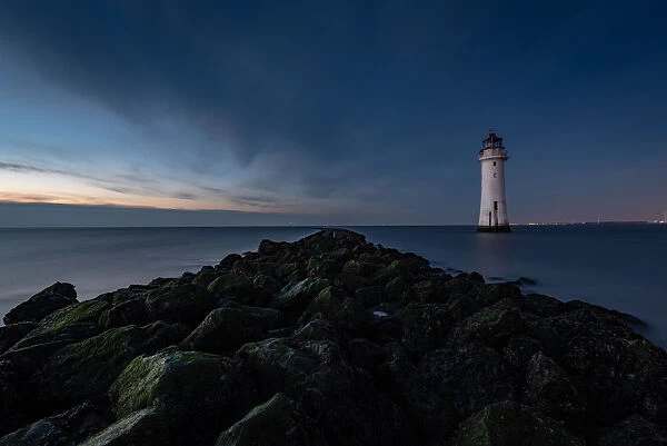 New Brighton Lighthouse at dusk, Wallasey, Merseyside, The Wirral, England, United