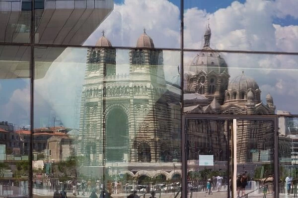 The new MuCEM gallery in Marseille with the cathedral reflected in the glass, Marseille