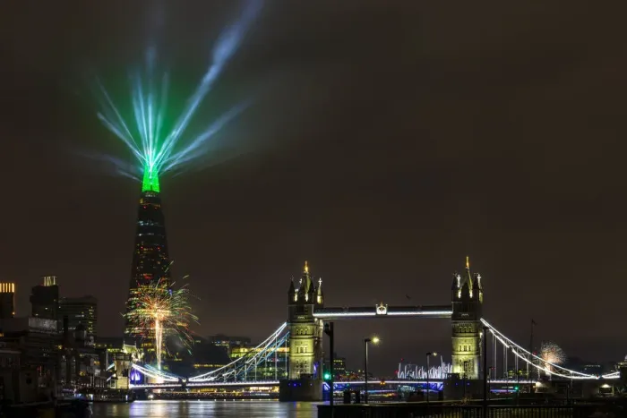Framed Print : New Year 2022 firework and light display by The Shard and Tower Bridge, London, England, United Kingdom, Europe