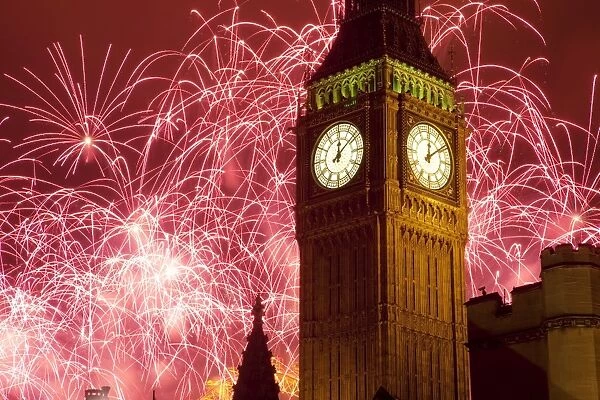 New Year fireworks and Big Ben, Houses of Parliament, Westminster, London
