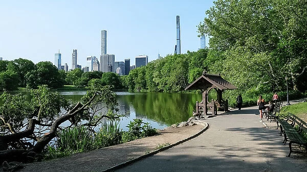 New York City cityscape viewed from The Lake, Central Park's largest body of water after the Reservoir, Central Park, Manhattan, New York City, United States of America, North America