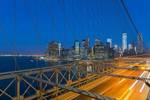 New York skyline, Manhattan, Brooklyn Bridge over East River, Lower Manhattan skyline