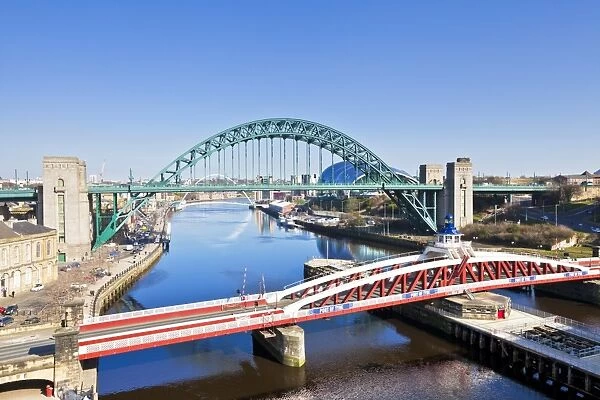 Newcastle upon Tyne city with Tyne Bridge and Swing Bridge over River Tyne, Gateshead