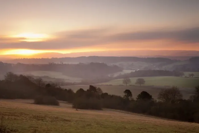 Framed Print : Newlands Corner view at dawn, near Guilford, Surrey Hills, North Downs Framed Print : Newlands Corner view at dawn, near Guilford, Surrey Hills, North Downs