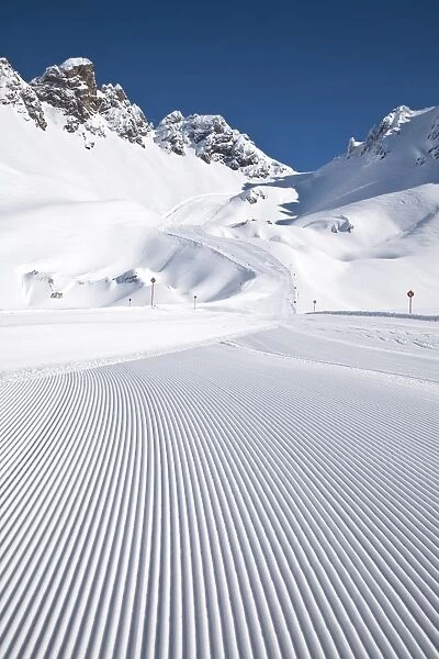 Newly groomed piste, St. Anton am Arlberg, Tirol, Austrian Alps, Austria, Europe