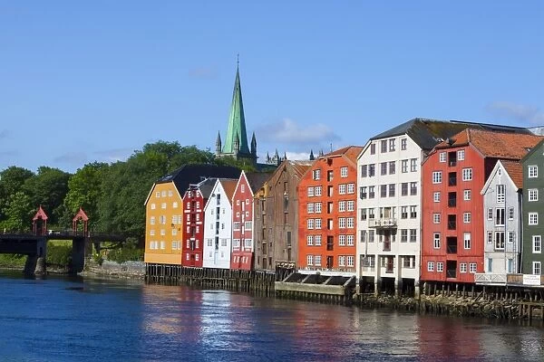 Nidaros Cathedral, old fishing warehouses and Gamle Bybro, Trondheim, Sor-Trondelag, Norway, Scandinavia, Europe