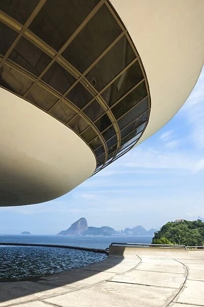 Niemeyer Museum of Contemporary Arts, and view over Sugar Loaf and Guanabara Bay, Niteroi, Rio de Janeiro, Brazil, South America