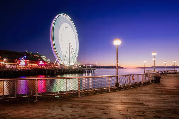 Night shot of Seattle Great Wheel from Waterfront Park in Seattle, Washington State