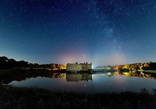 Night sky and Milky Way over Leeds Castle, near Maidstone, Kent, England, United Kingdom, Europe