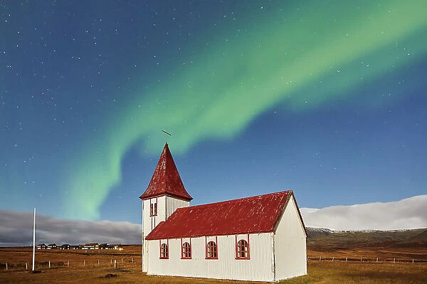 Night sky and Northern Lights (Aurora Borealis) over the church in the village of Hellnar, in Snaefellsjokull National Park, Snaefellsnes peninsula, west coast of Iceland, Polar Regions