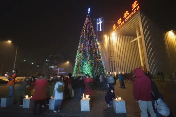 Framed Print : Night time illuminations of a Christmas tree and decorations at a Christian church celebrating in Beijing Framed Print : Night time illuminations of a Christmas tree and decorations at a Christian church celebrating in Beijing