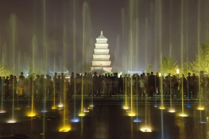 Framed Print : Night time water show at the Big Goose Pagoda Park, Tang Dynasty, built in 652 by Emperor Gaozong Framed Print : Night time water show at the Big Goose Pagoda Park, Tang Dynasty, built in 652 by Emperor Gaozong