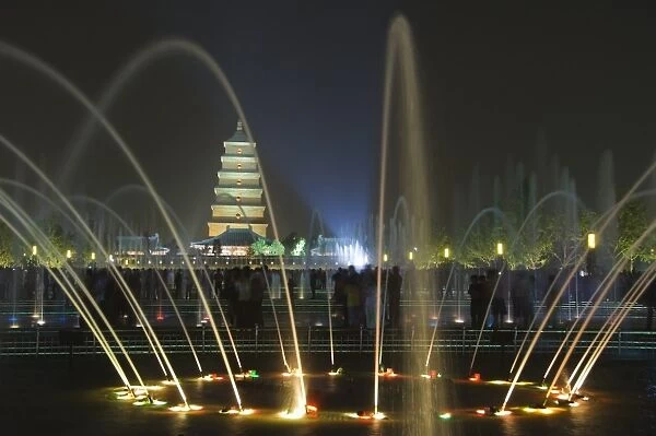 Night time water show at the Big Goose Pagoda Park, Tang Dynasty, built in 652 by Emperor Gaozong