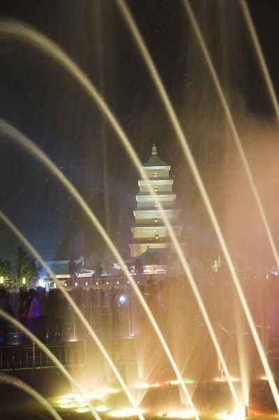 Night time water show at the Big Goose Pagoda Park, Tang Dynasty, built in 652 by Emperor Gaozong