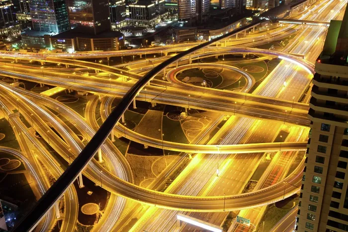 Framed Print : Night traffic on a busy intersection on Sheikh Zayed highway, Dubai, United Arab Emirates