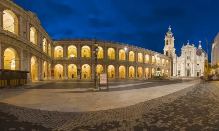 Framed Print : Night view of the ancient and holy Basilica of the Holy House framed by arcades, Loreto Framed Print : Night view of the ancient and holy Basilica of the Holy House framed by arcades, Loreto