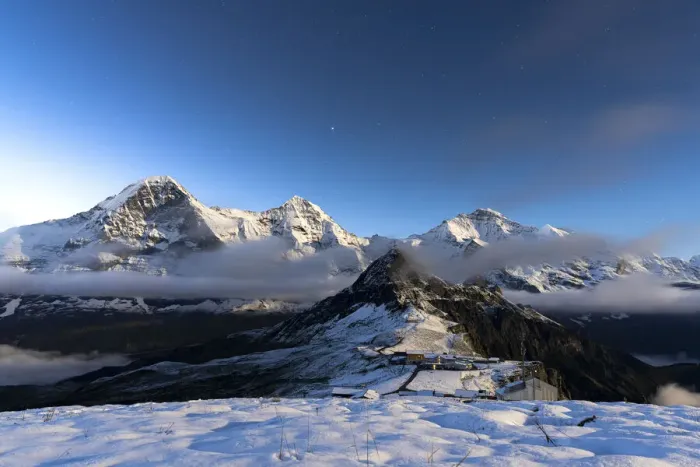 Framed Print : Night view of Eiger, Monch and Jungfrau mountains covered with snow from Mannlichen Framed Print : Night view of Eiger, Monch and Jungfrau mountains covered with snow from Mannlichen