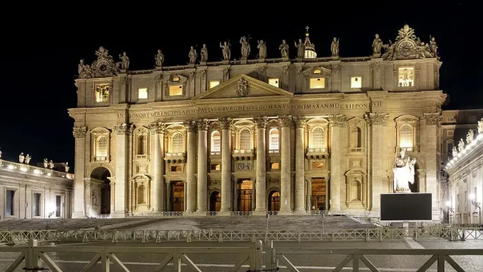 Framed Print : Night view of Saint Peter's Basilica, silhouetted against darkened sky, Vatican City, the papal enclave in Rome, UNESCO World Heritage Site, Rome, Lazio, Italy, Europe Framed Print : Night view of Saint Peter's Basilica, silhouetted against darkened sky, Vatican City, the papal enclave in Rome, UNESCO World Heritage Site, Rome, Lazio, Italy, Europe