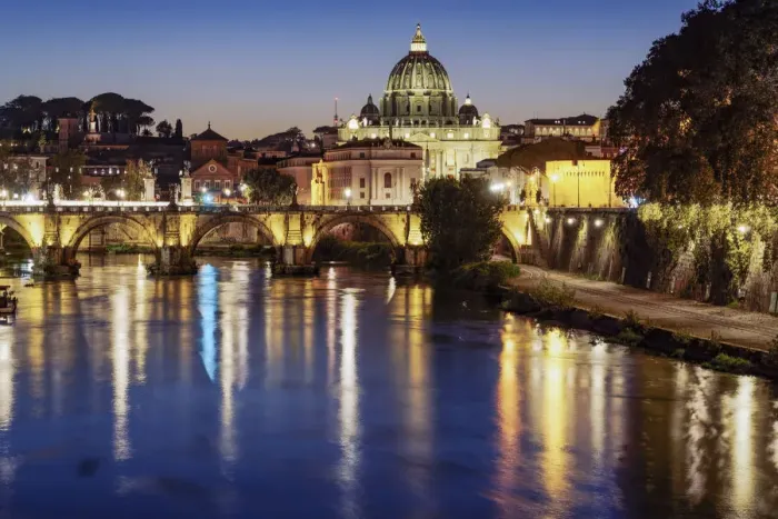 Framed Print : Night view of San Angelo Bridge on River Tiber with background of illuminated St. Peters Basilica in the Vatican, Rome, Lazio, Italy, Europe Framed Print : Night view of San Angelo Bridge on River Tiber with background of illuminated St. Peters Basilica in the Vatican, Rome, Lazio, Italy, Europe