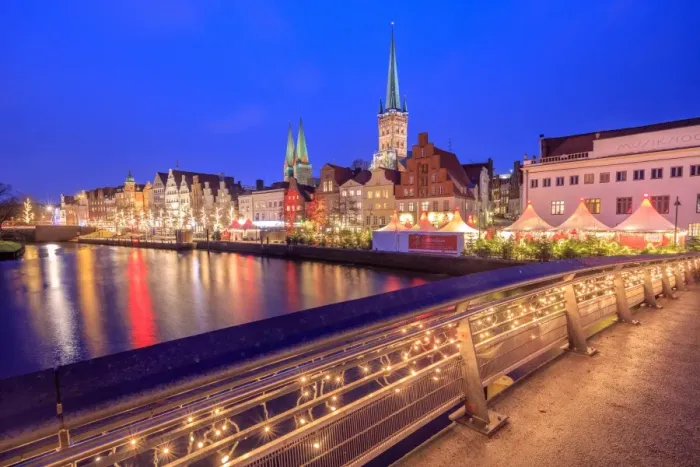 Framed Print : Night view of typical houses and the cathedral reflected in River Trave, Lubeck, Schleswig Holstein Framed Print : Night view of typical houses and the cathedral reflected in River Trave, Lubeck, Schleswig Holstein