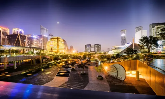 Framed Print : Nightly display of light, color and futuristic architecture in Jianggan district of Hangzhou Framed Print : Nightly display of light, color and futuristic architecture in Jianggan district of Hangzhou