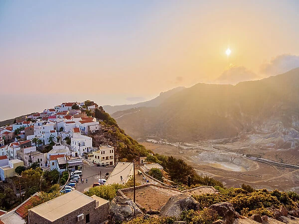 Nikia Village and Stefanos Volcano Crater at sunset, elevated view, Nisyros Island, Dodecanese, Greek Islands, Greece, Europe