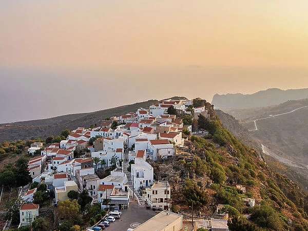 Nikia Village at sunset, elevated view, Nisyros Island, Dodecanese, Greek Islands, Greece, Europe