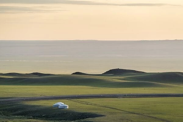 Nomadic camp and hills, Bayandalai district, South Gobi province, Mongolia, Central Asia