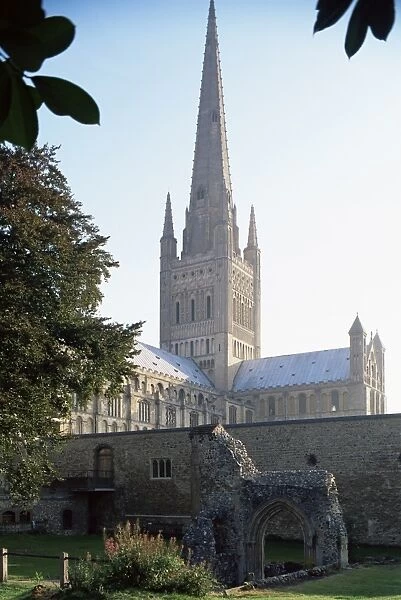Norman cathedral, dating from 11th century, with 15th century spire, and hostry remains in foreground, Norwich, Norfolk, England, United