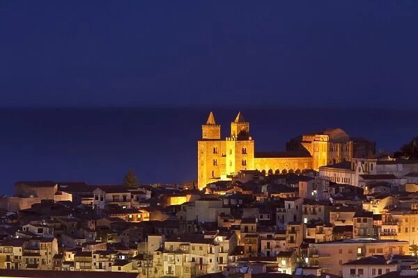 Norman cathedral lit up at dusk, Cefalu, Sicily, Italy, Mediterranean, Europe
