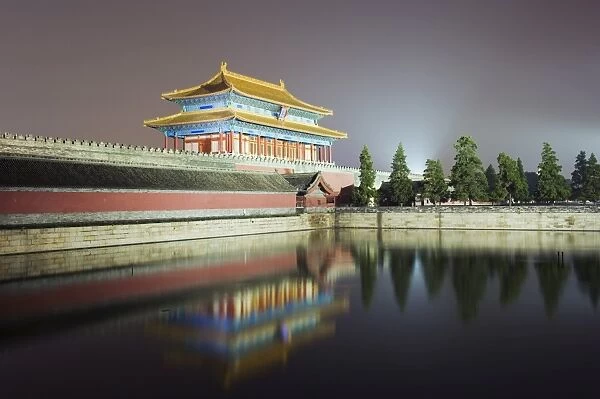 North gate of The Forbidden City reflected in moat, Palace Museum, UNESCO World Heritage Site
