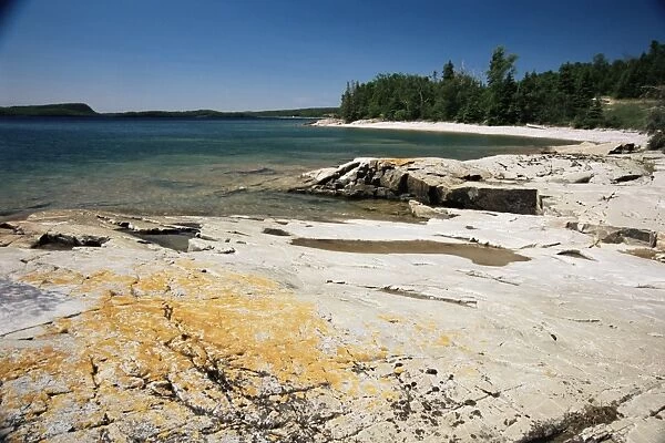 North shore of lake on rocky platform of forested Laurentian Shield, Lake Superior