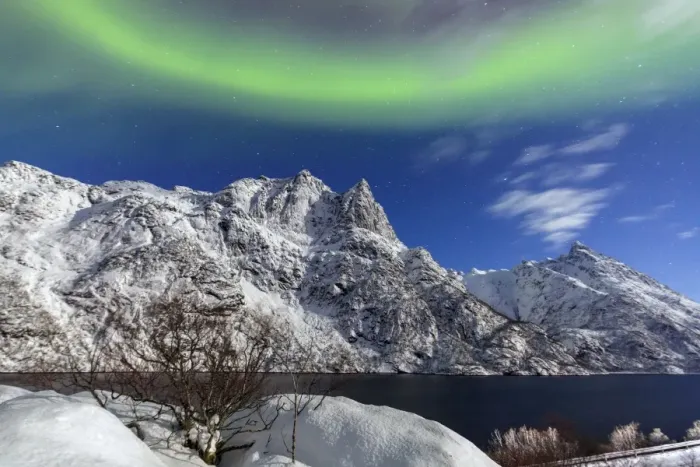 Framed Print : Northern Lights (aurora borealis) illuminate the snowy peaks and the blue sky during a starry night Framed Print : Northern Lights (aurora borealis) illuminate the snowy peaks and the blue sky during a starry night