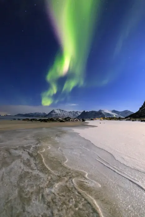 Framed Print : The Northern Lights (aurora borealis) light up the sky and the beach of the cold sea of Gymsoyand Framed Print : The Northern Lights (aurora borealis) light up the sky and the beach of the cold sea of Gymsoyand