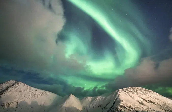 Framed Print : Northern Lights (Aurora Borealis) over mountain peaks covered with snow, Sorvaer Framed Print : Northern Lights (Aurora Borealis) over mountain peaks covered with snow, Sorvaer