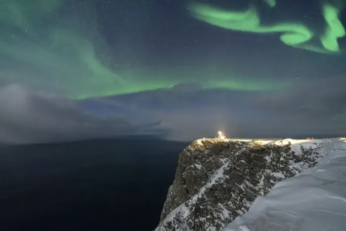 Framed Print : Northern Lights (Aurora Borealis) over North Cape cliff in winter, Mageroya island
