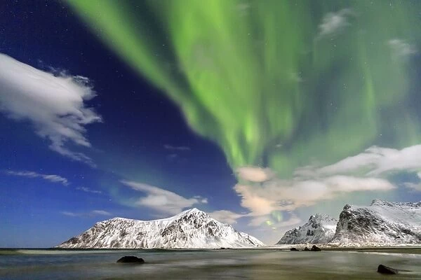 Northern Lights (aurora borealis) on Skagsanden sky, Lofoten Islands, Arctic, Norway
