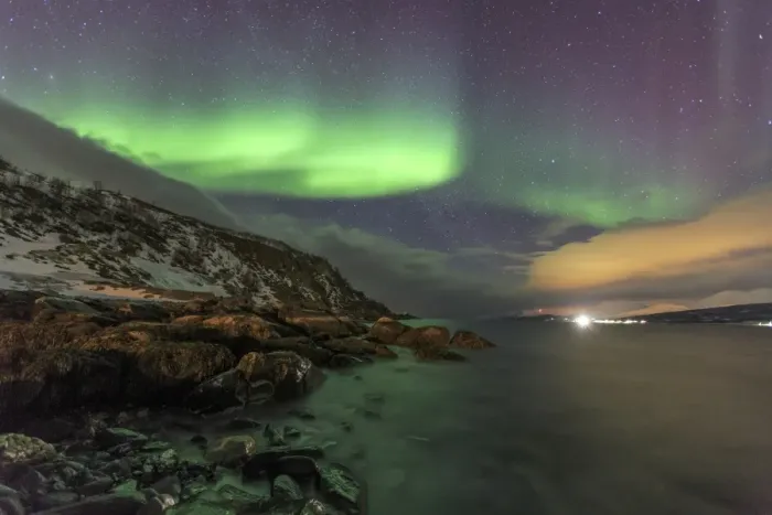 Framed Print : Northern Lights on the icy sea of Svensby, Lyngen Alps, Troms, Lapland, Norway, Scandinavia
