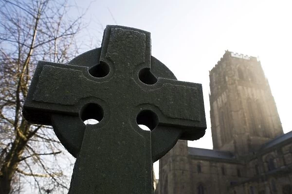 Northumbrian Cross in front of Durham Cathedral, UNESCO World Heritage Site