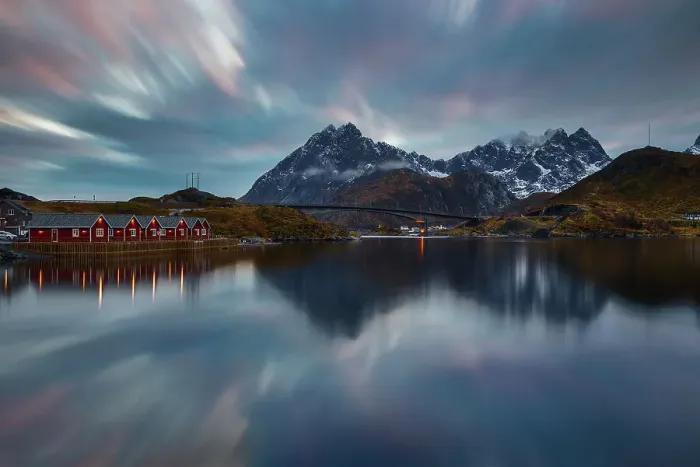 Framed Print : Norwegian fjord at blue hour with typical illuminated red cabins, Moskenesoya, Nordland, Lofoten, Norway, Scandinavia, Europe Framed Print : Norwegian fjord at blue hour with typical illuminated red cabins, Moskenesoya, Nordland, Lofoten, Norway, Scandinavia, Europe