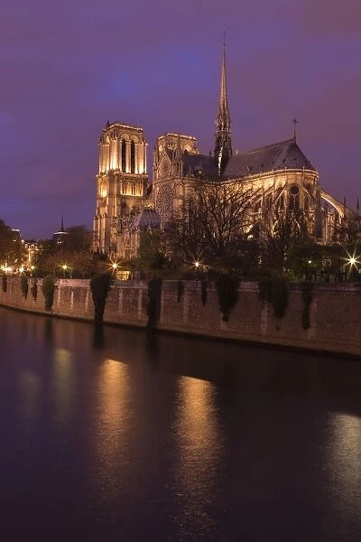 Notre Dame Cathedral floodlit at night with River Seine, Paris, France, Europe