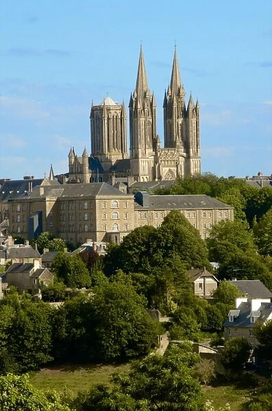 Notre Dame cathedral on skyline of Coutances, Cotentin, Normandy, France, Europe