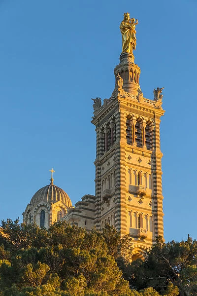 Notre Dame de la Garde church at last sunlight, Marseille, Bouches du Rhone, Provence