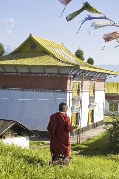 Novice monk carries offering to Sangachoeling Gompa, the second oldest Gompa in Sikkim
