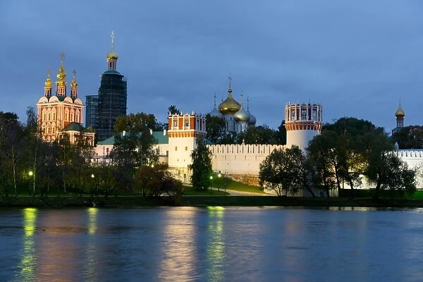 Novospassky Monastery illuminated at night, Moscow, Russia, Europe